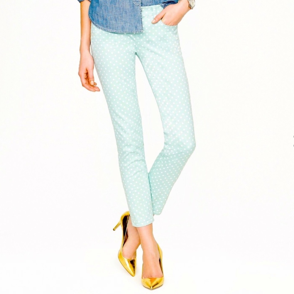 NEW 2 XS JCREW MATCHSTICK CROP SPEARMINT CAPRI WHITE DOTTED 24" 59180 JEANS pant